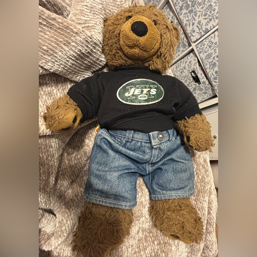 JET’S Build-A-Bear Brown Stuffed Animal with Black Shirt and Blue Jeans